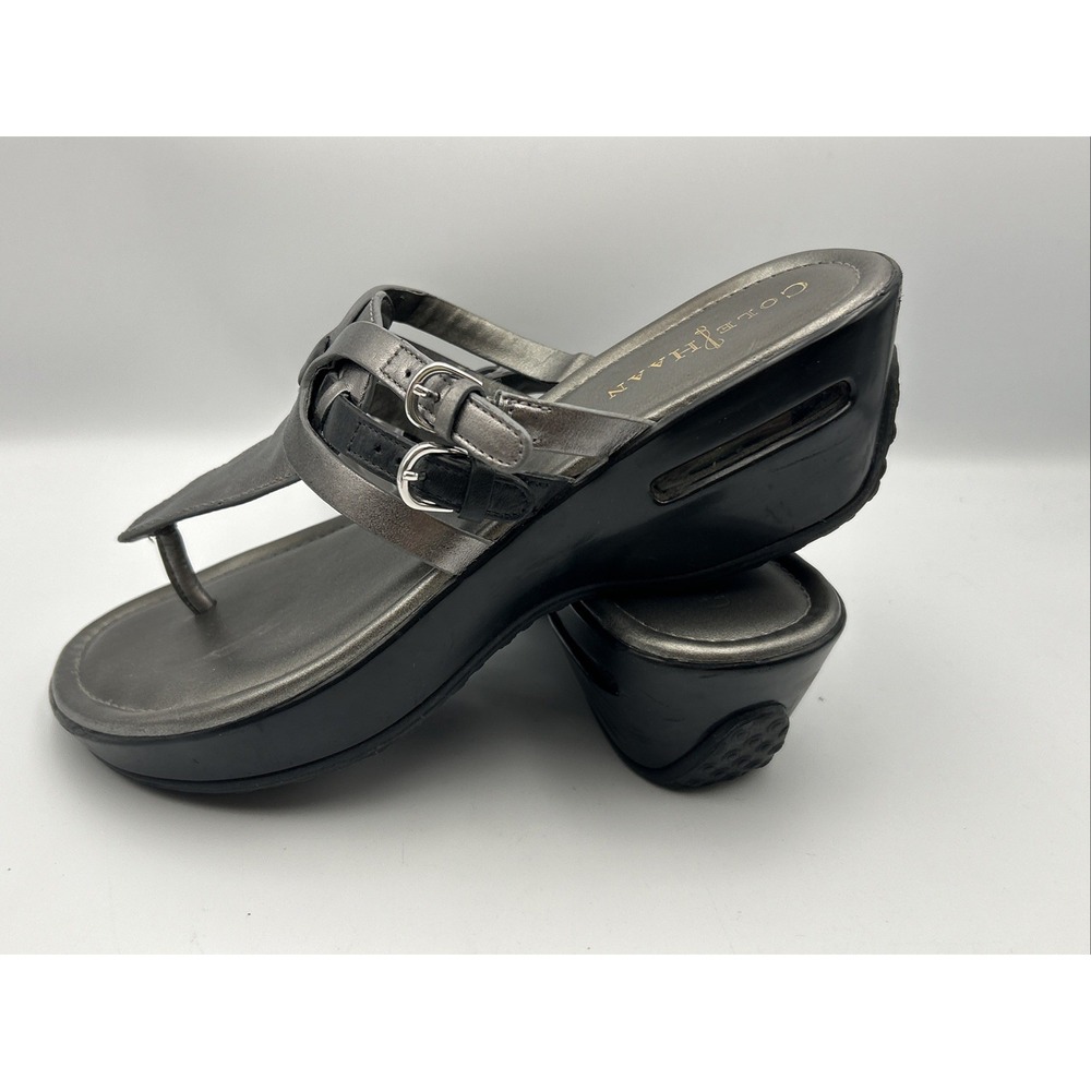 Silver Cole Haan Air Sandals Womens 7.5 Metallic Wedge Comfort Thong Strap Black